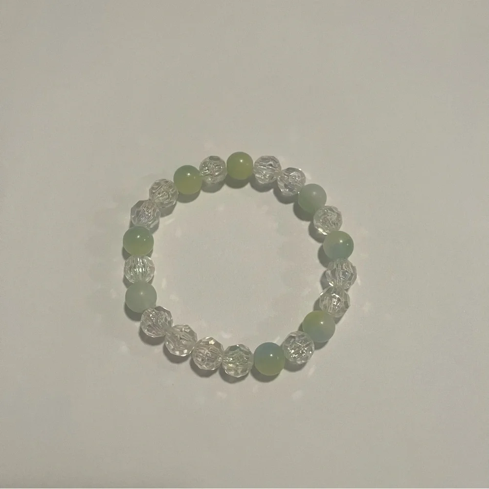 Iridescent Glass Beaded Stretch Bracelet Handmade Green Clear